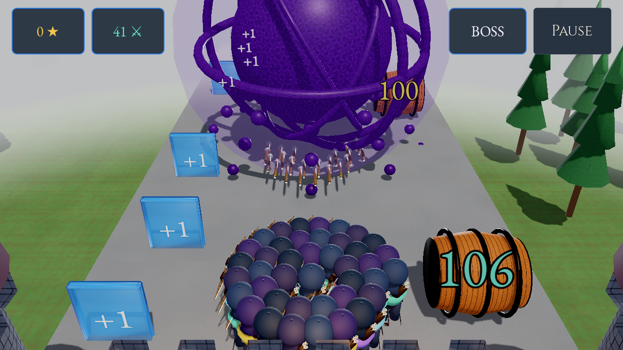 Bulwark 2 boss encounter with a large purple enemy, blue reinforcement boxes, and a barrel ahead of the archers