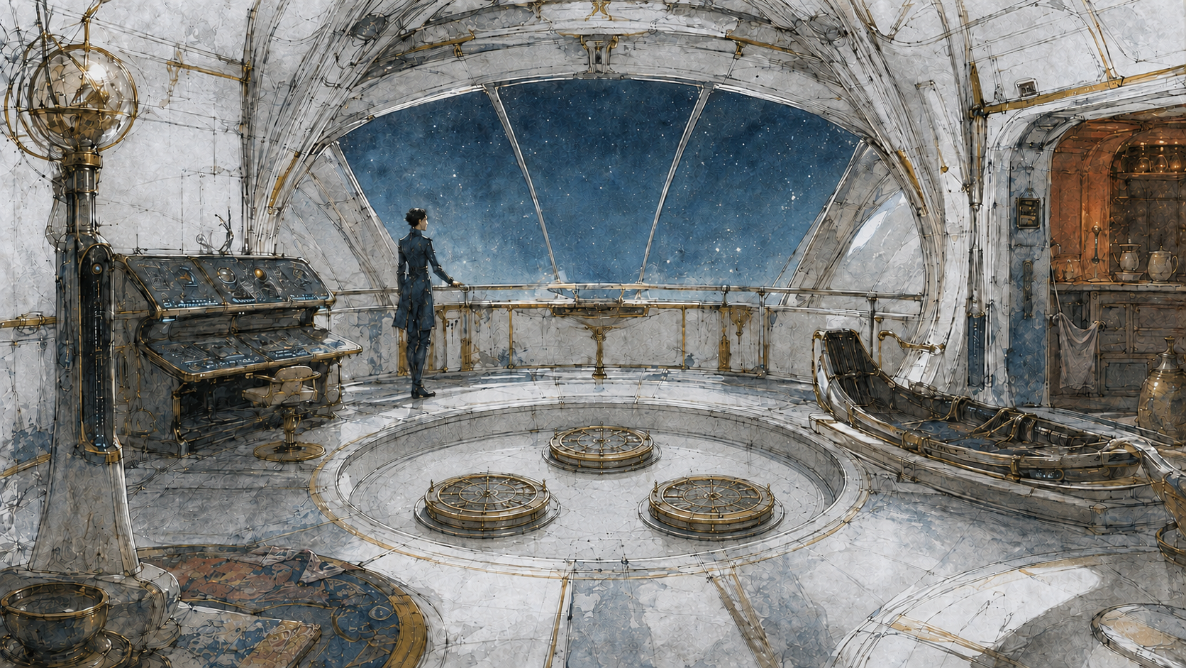 Concept art of the Concordance bridge, with pale curved architecture, brass instruments and Aelar standing beside a star-filled window