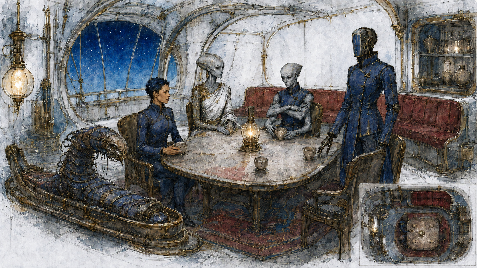 Concept art of Aelar and the four other Concordance crew members gathered around a galley table with five cups