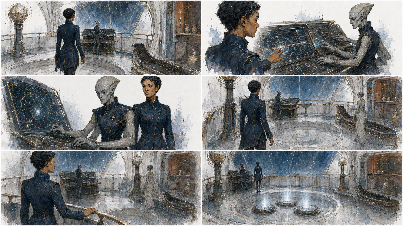 Six storyboard panels showing Aelar approaching Soren-Kai, examining a signal display and looking across the bridge