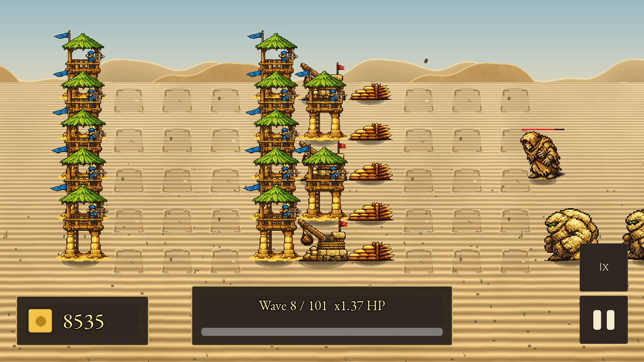 Defend the Dune battle with arrow towers behind walls and defenders fighting sand monsters