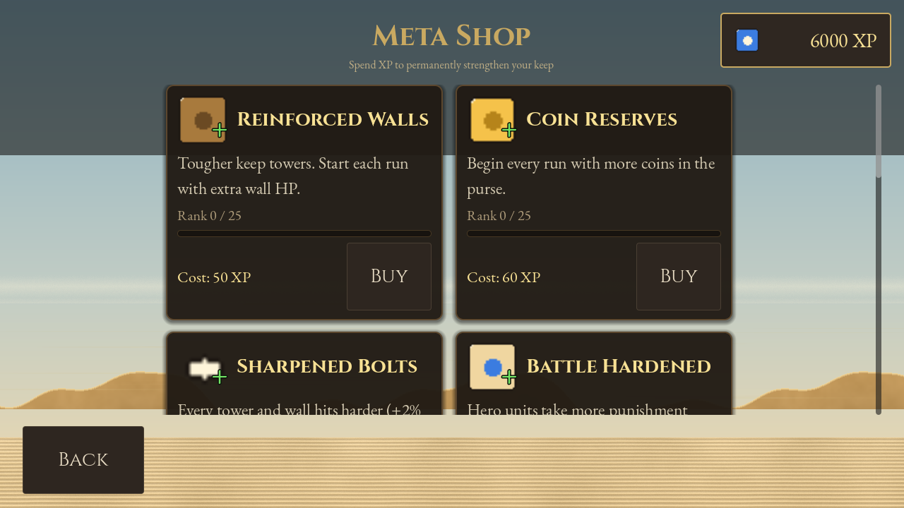 Defend the Dune permanent upgrade shop showing Reinforced Walls, Coin Reserves, Sharpened Bolts, and Battle Hardened