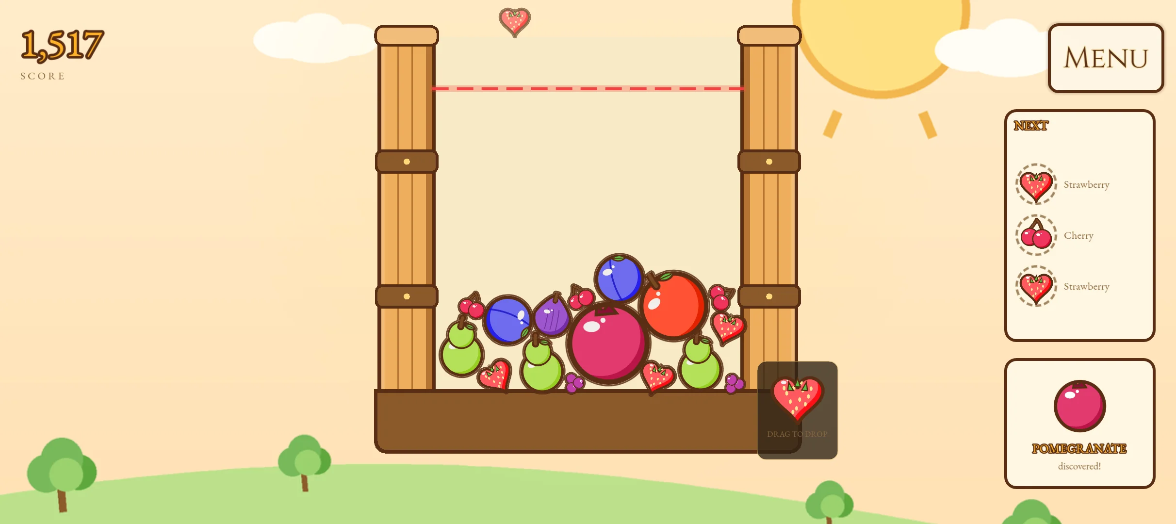 Fruit Alchemist running natively on Android in full landscape, a barrel full of merged fruit mid-game with a score of 1,517 and a Pomegranate discovery card on screen