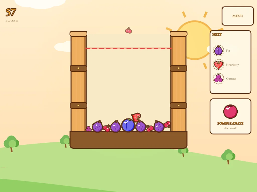 Fruit Alchemist on a tablet in landscape orientation, showing the barrel, preview shelf, and discovery card with room to spare