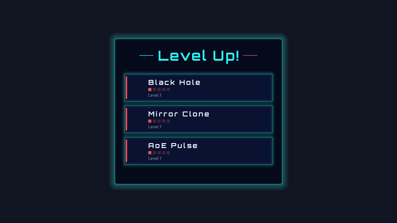 Geometry Survivor level-up screen offering Black Hole, Mirror Clone, and AoE Pulse