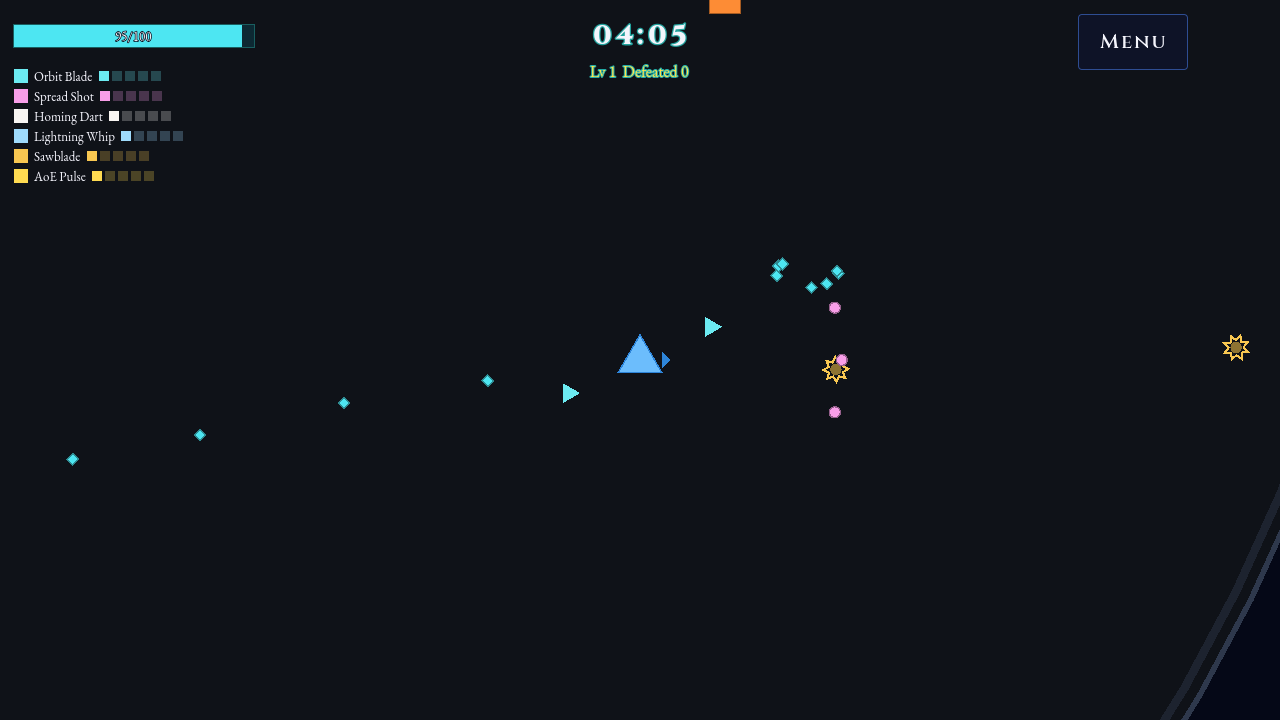 Geometry Survivor arena with a triangular player, XP gems, enemies, and six equipped weapon icons