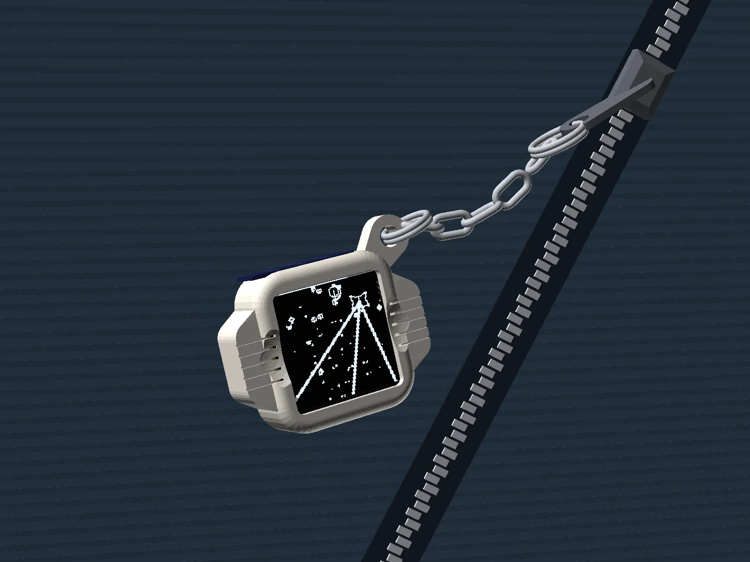 A concept render of the Legitsauce keychain clipped to a backpack zipper on a short chain, with Space Type 2 on its screen