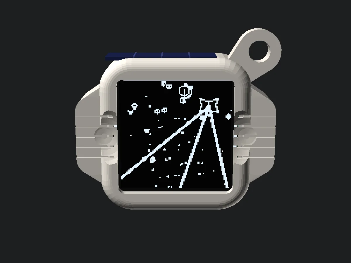 The front of the keychain prototype with a square screen and ridged thumb scoops on either side