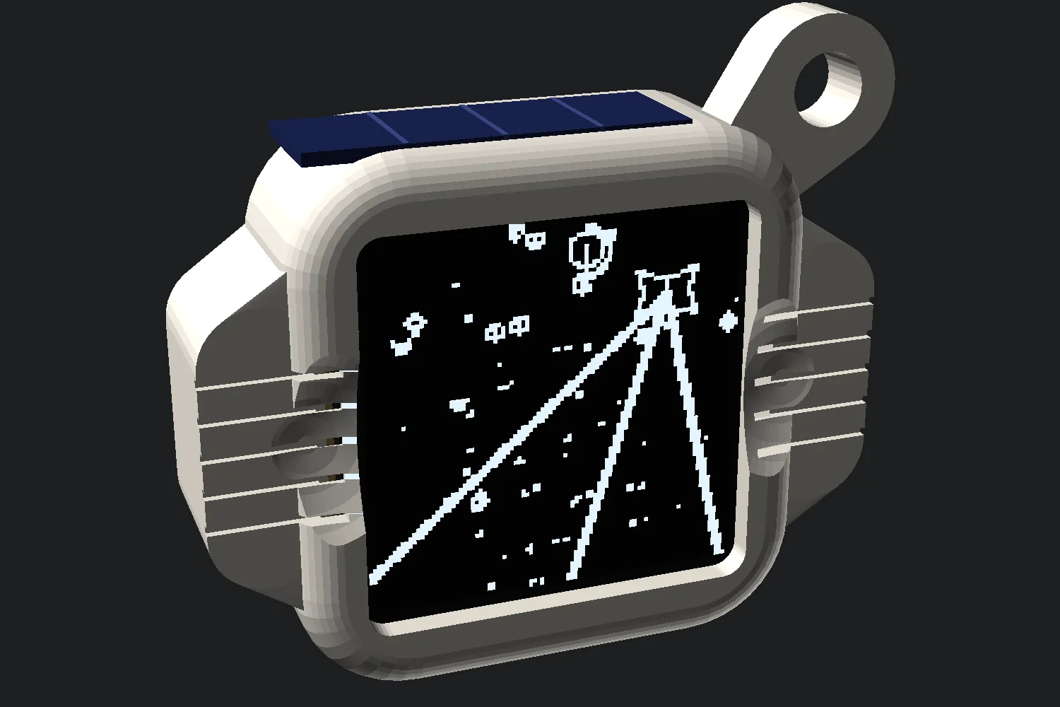 A concept render of the Legitsauce keychain showing Space Type 2 on a square screen, with a solar strip on top and a keyring loop at the top-right