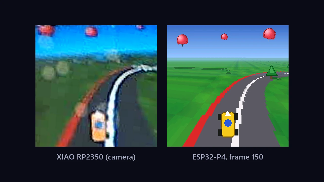 Two square frames of the mode 7 demo, a yellow kart on a grey track curving right: a blurry camera photo of the XIAO's screen on the left and a clean frame on the right