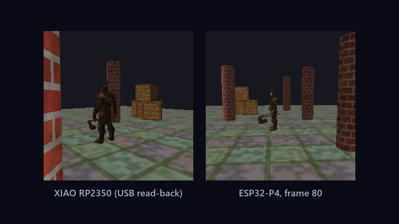 Two frames of the 3D scene with Ka'zhurn, brick pillars and crates on a tiled floor: on the left a frame read back from the XIAO, on the right a frame from the ESP32-P4