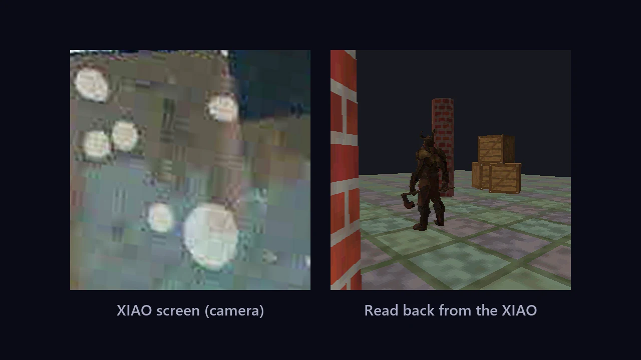 A washed-out camera photo of the screen covered in round reflections next to a clean frame of the horned demon Ka'zhurn holding an axe on a tiled floor, with a brick pillar and stacked crates