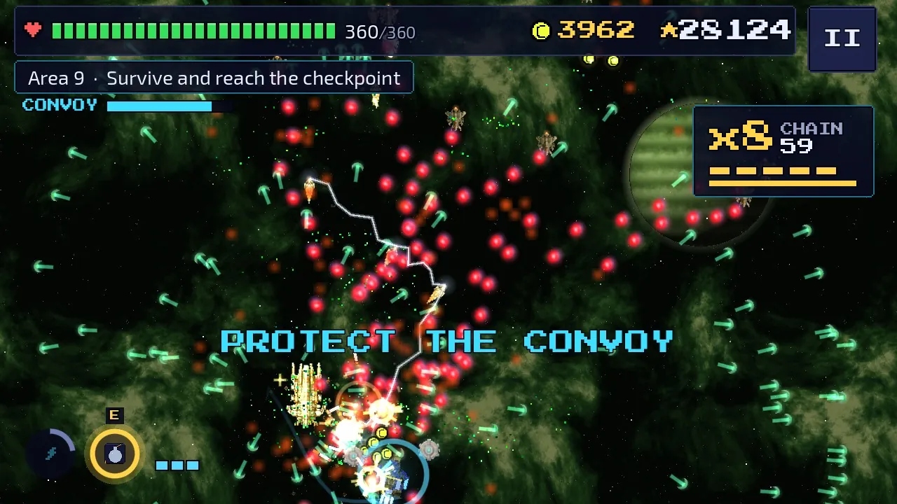 Area 9: protecting a convoy freighter from swarming enemies while chain lightning arcs between targets