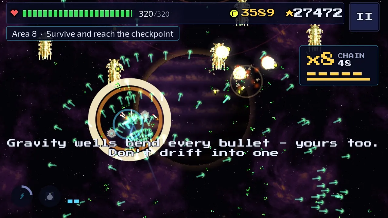 Cosmic: Search and Destroy gameplay: the player's fighter with drones and a shield ring weaving through red enemy fire around a gravity well in Area 8