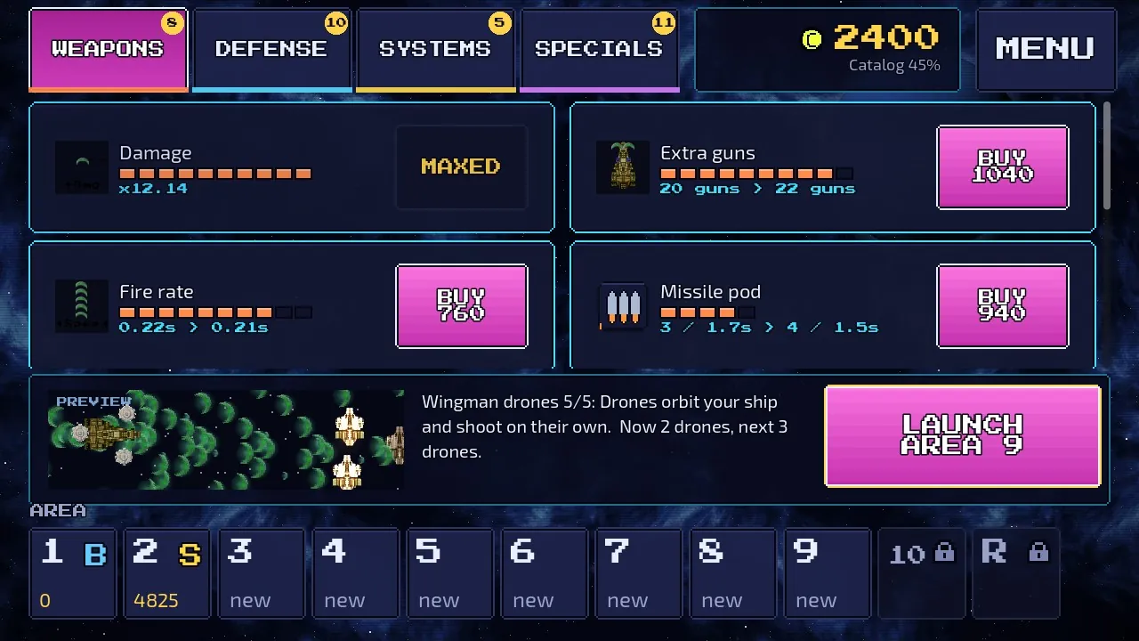 The Cosmic: Search and Destroy hangar: Weapons, Defense, Systems and Specials tabs with upgrade rows, tier pips, prices and a live preview