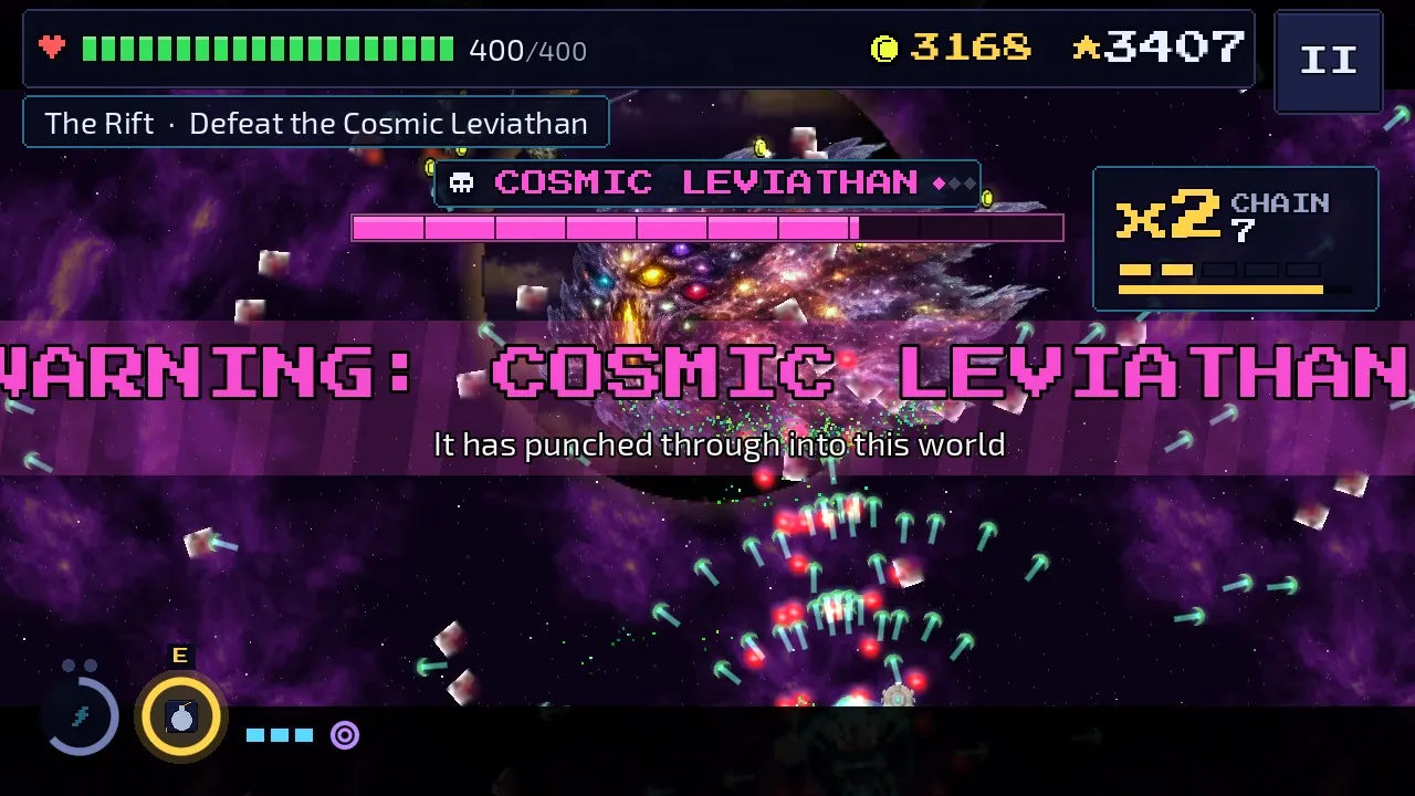 The Cosmic Leviathan arriving in the Rift with a warning banner and its health bar across the top