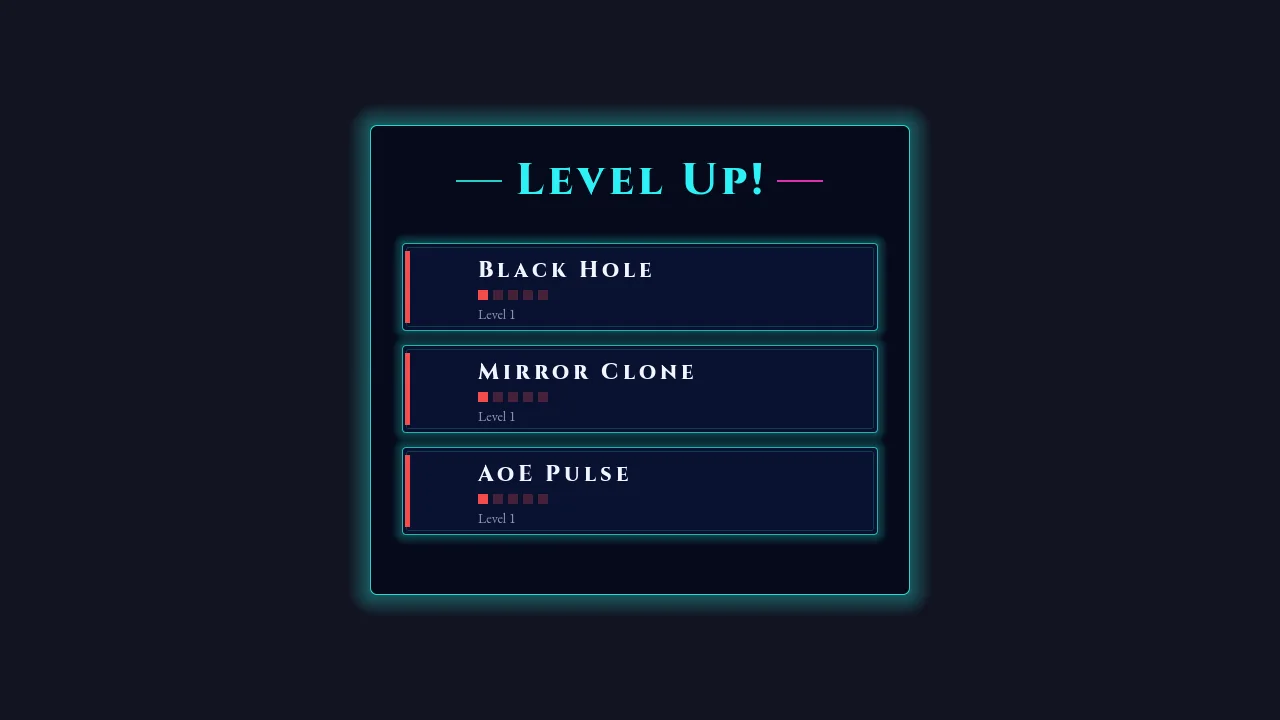 The Level Up card draft offering Black Hole, Mirror Clone and AOE Pulse upgrades