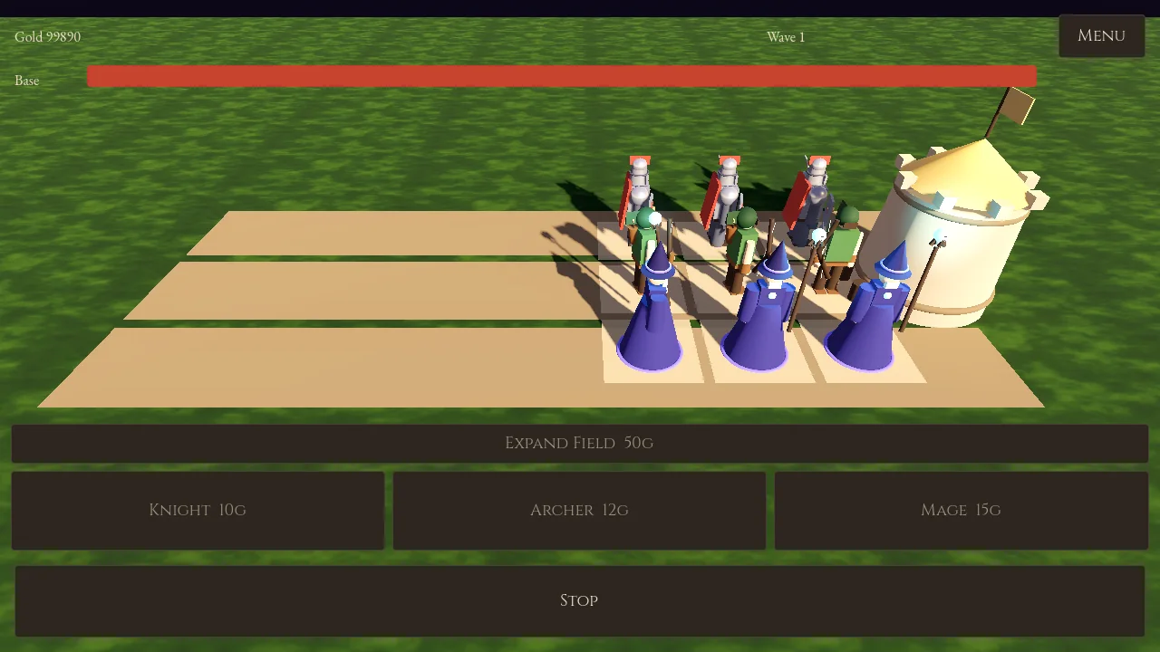 Merge Legion: a grid of knight, archer and mage units deployed in front of the enemy base, with buy buttons along the bottom