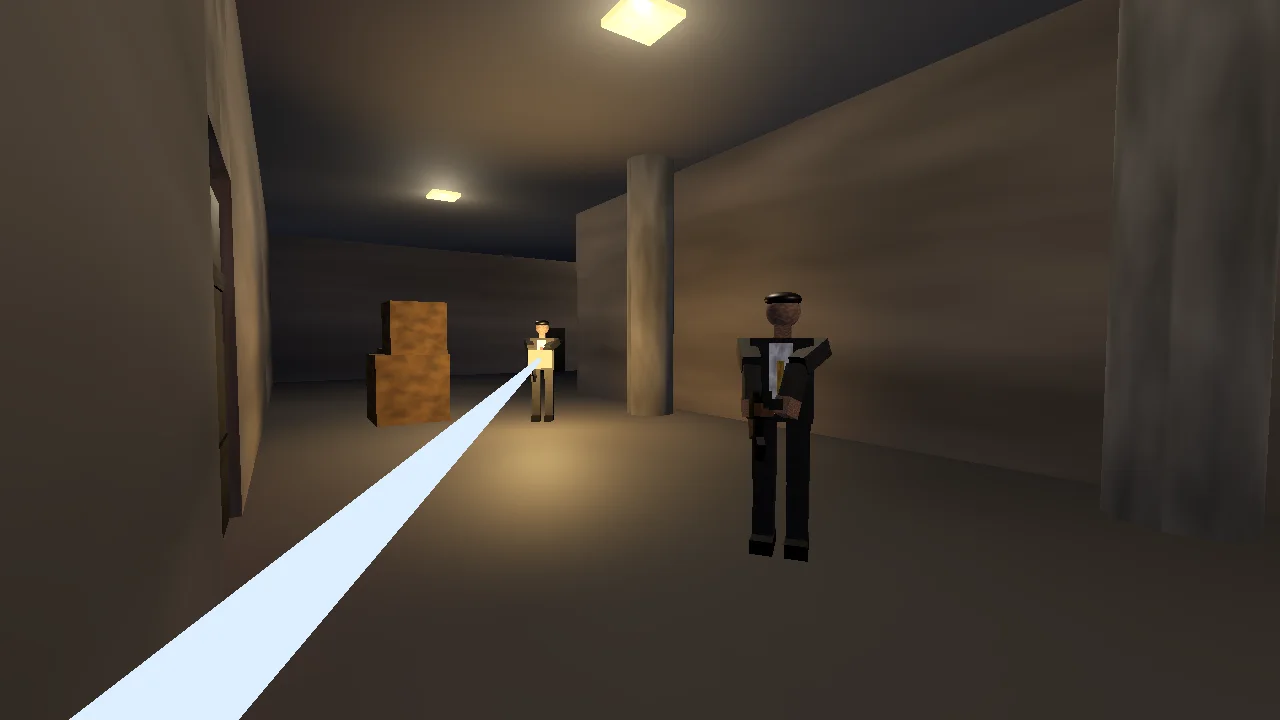 The Spy Below: a suited guard levels an AK in a lit basement hall while a gold tracer streaks from a second sentry by the crates