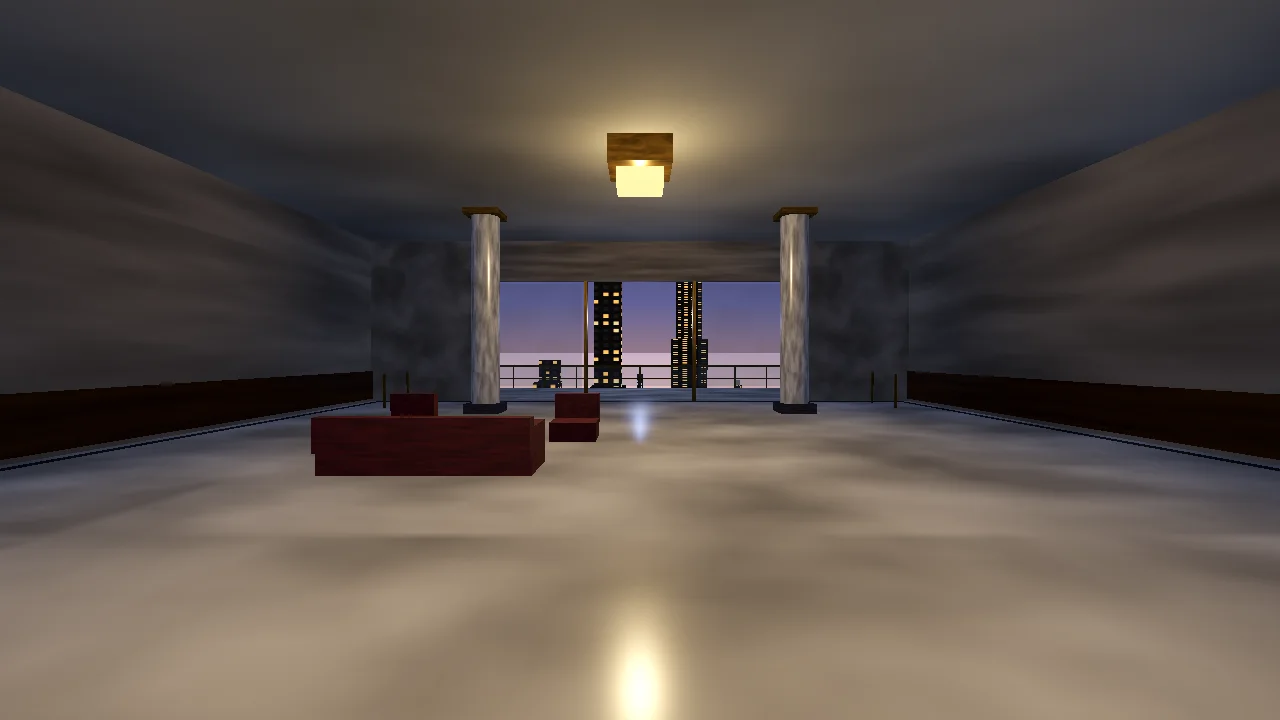 The Spy Below: a vast marble suite with columns and a chandelier opening through a glass wall onto a balcony over a glittering night-time city skyline